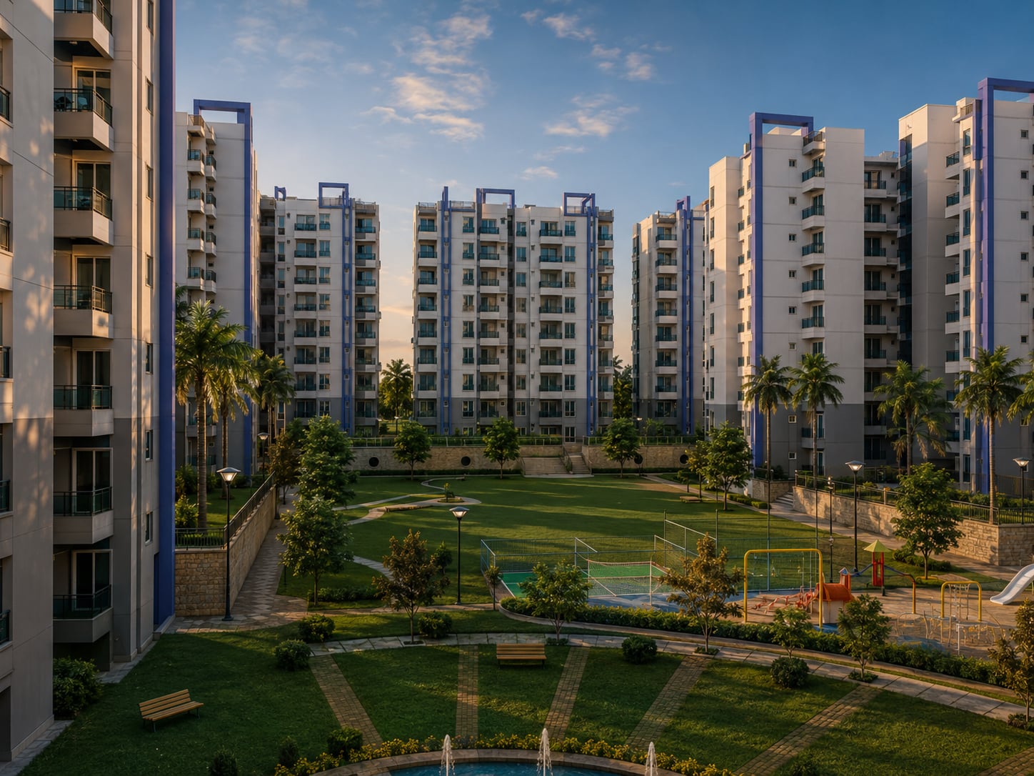 AFNHB Meerut residential township featuring high-rise apartment towers, landscaped gardens, recreational facilities, and community open spaces.