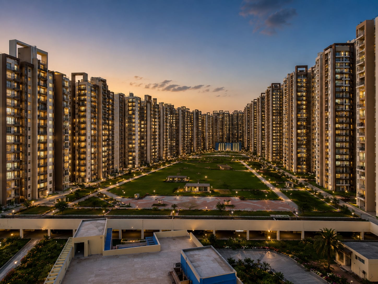 Amrapali Golf Homes residential township in Greater Noida featuring high-rise towers overlooking landscaped golf-course greens.