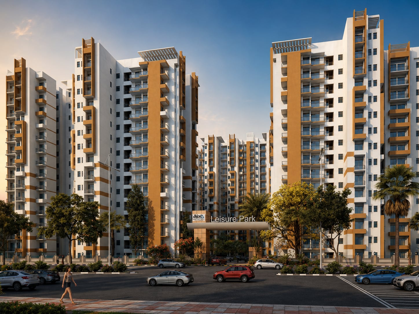 Amrapali Leisure Park residential township featuring high-rise apartment towers, landscaped open spaces, clubhouse facilities, and modern community amenities.