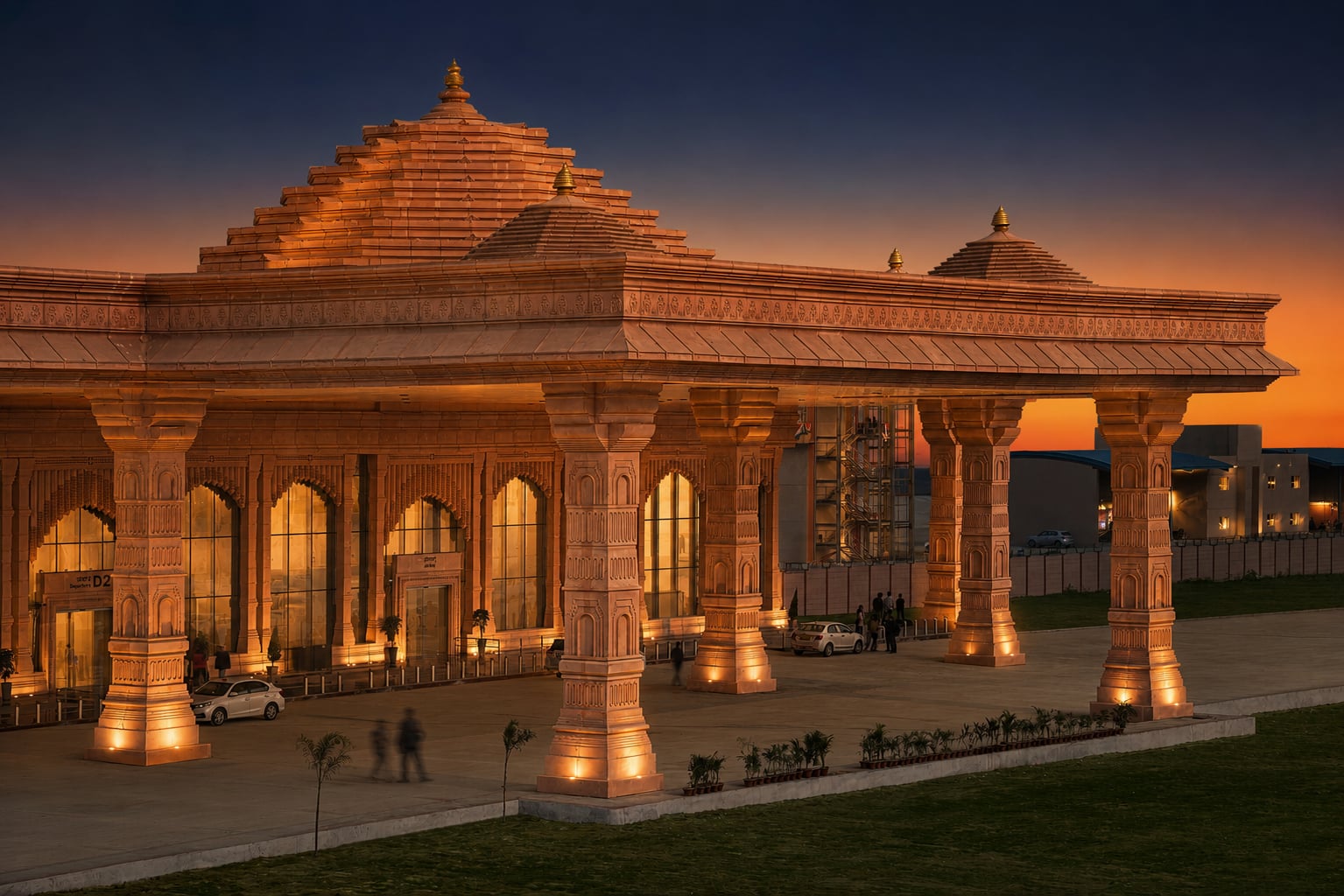 Ayodhya Airport terminal building showcasing traditional Indian architectural elements and modern aviation infrastructure.