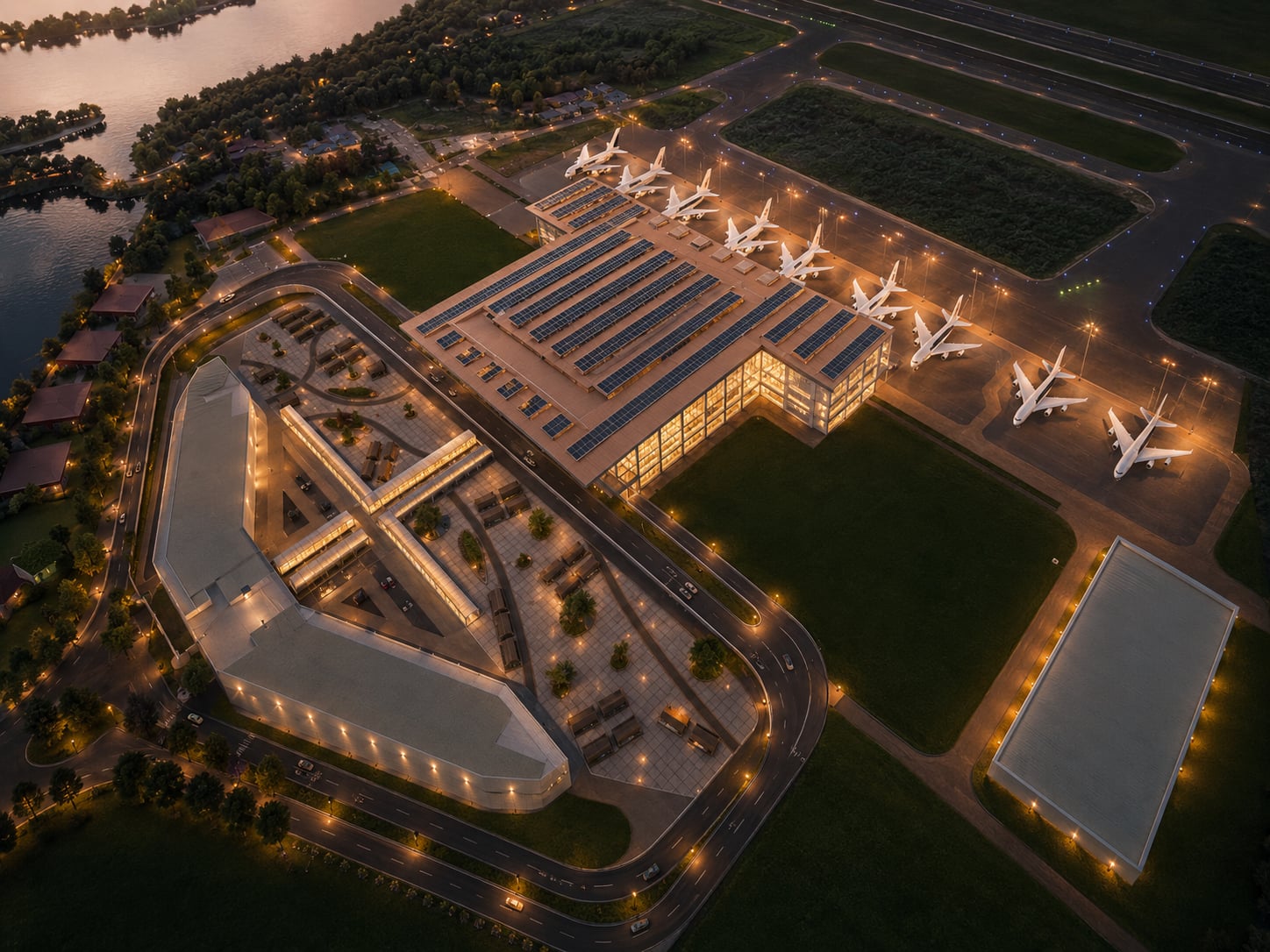 Aerial view and architectural rendering of the New Civil Enclave terminal building at Darbhanga Airport, Bihar.