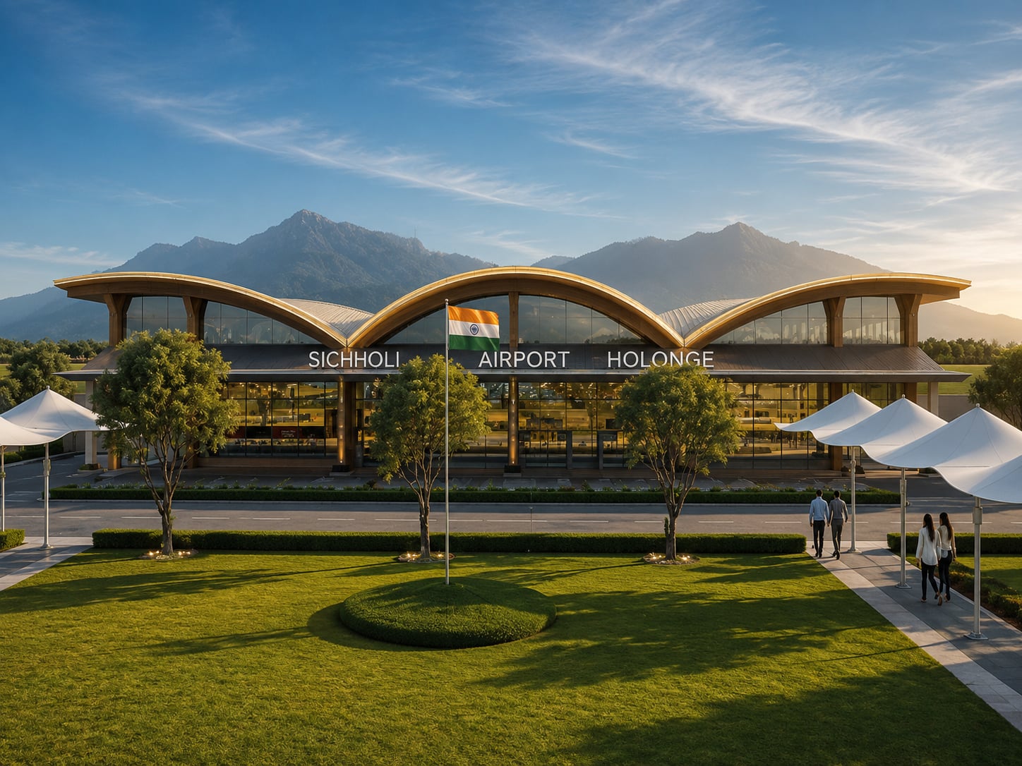 Itanagar Greenfield Airport (Donyi Polo Airport) featuring a modern passenger terminal and contemporary aviation infrastructure in Arunachal Pradesh.