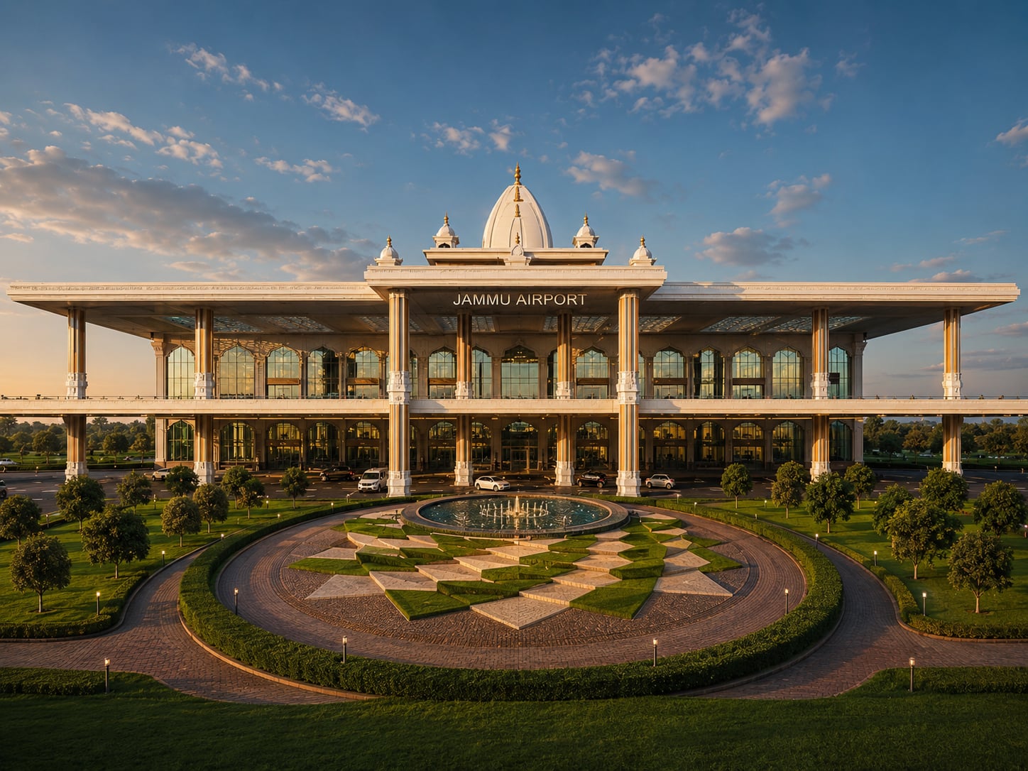 New Civil Enclave at Jammu Airport featuring a modern passenger terminal with integrated aviation infrastructure and landscaped entrance.