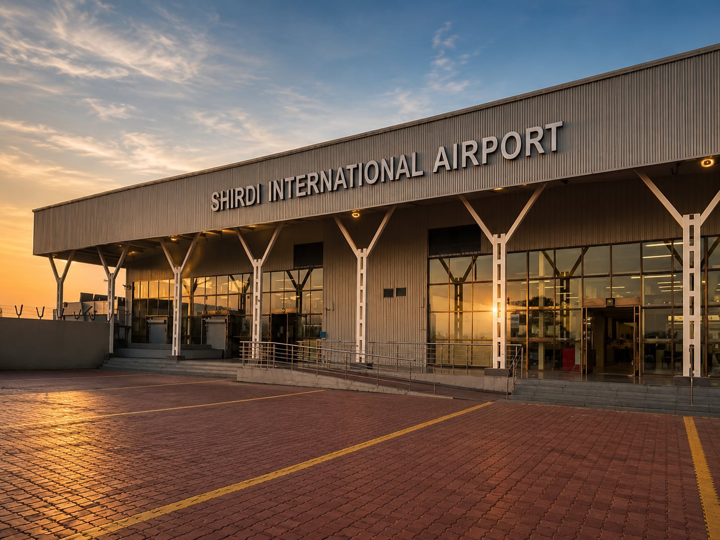 Shirdi Greenfield Airport featuring modern terminal architecture, passenger facilities, and aviation infrastructure in Maharashtra.